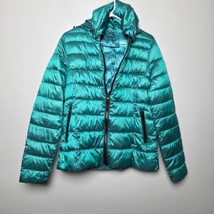 ANA A New Approach Packable Puffer Jacket Womens Large Teal Quilted Hooded Zip